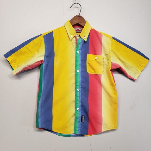 Bugle Boy Other - Vintage 90s Bugle Boy Button Up Short Sleeve Shirt Multi Color Striped L XL 7x
